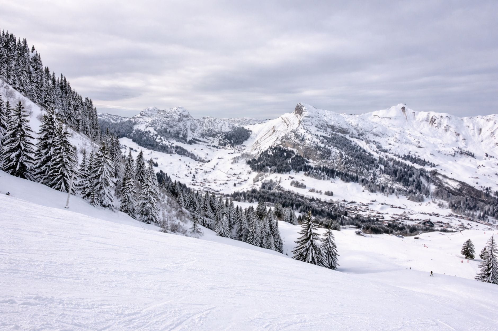 Les Gets mountain view with skiers